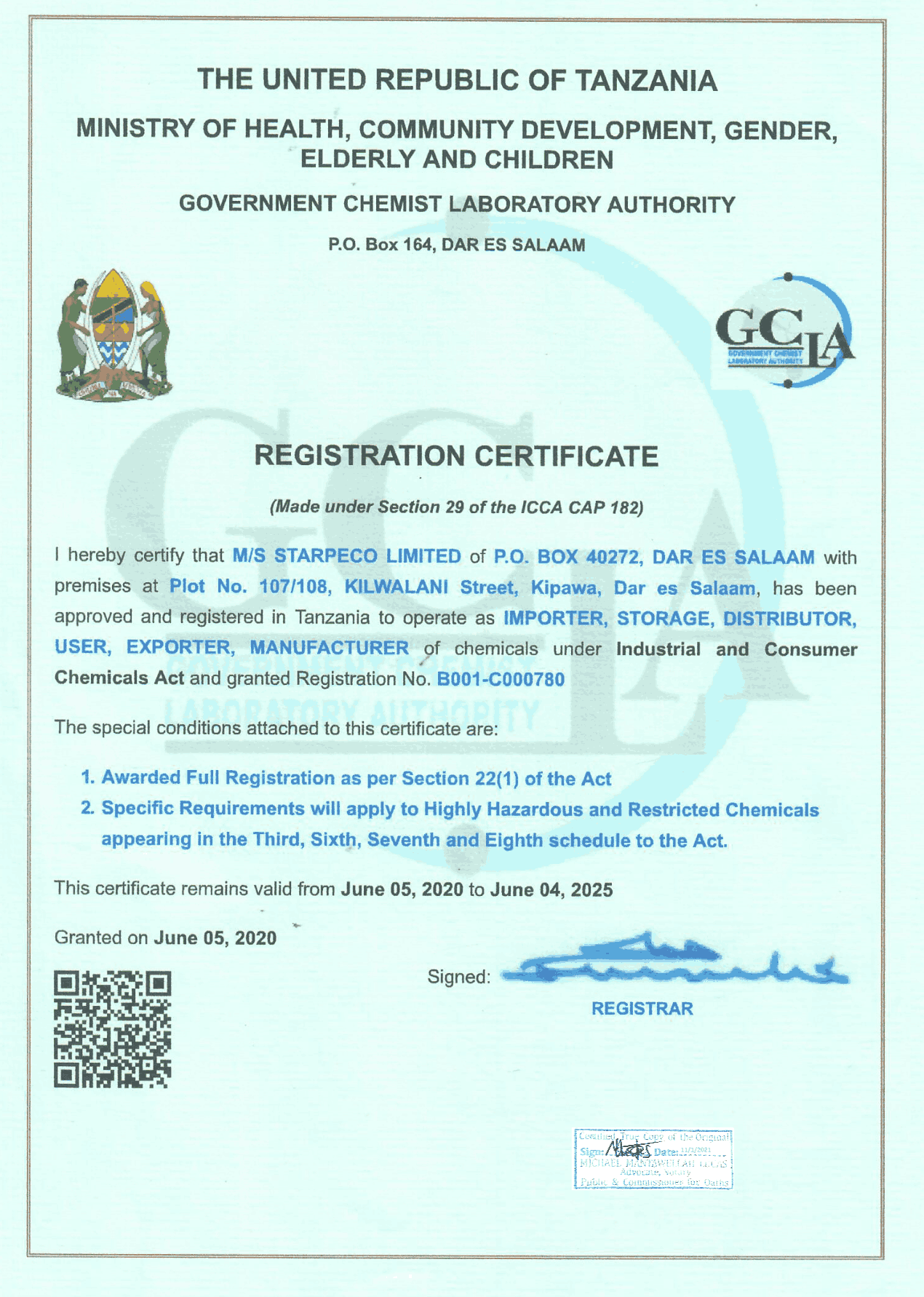 GCLA Chemicals Registration Certificate