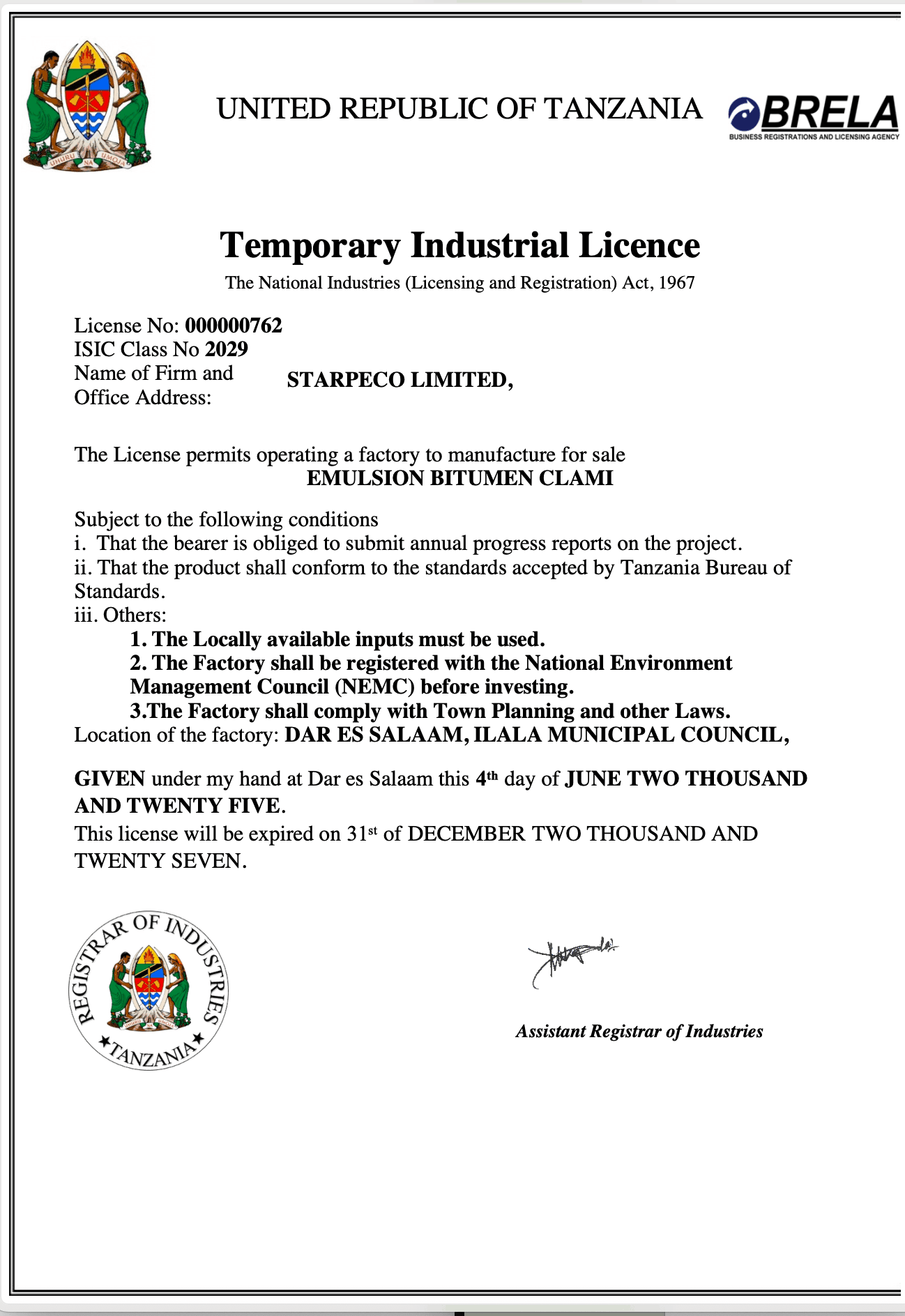 BRELA Temporary Industrial Licence