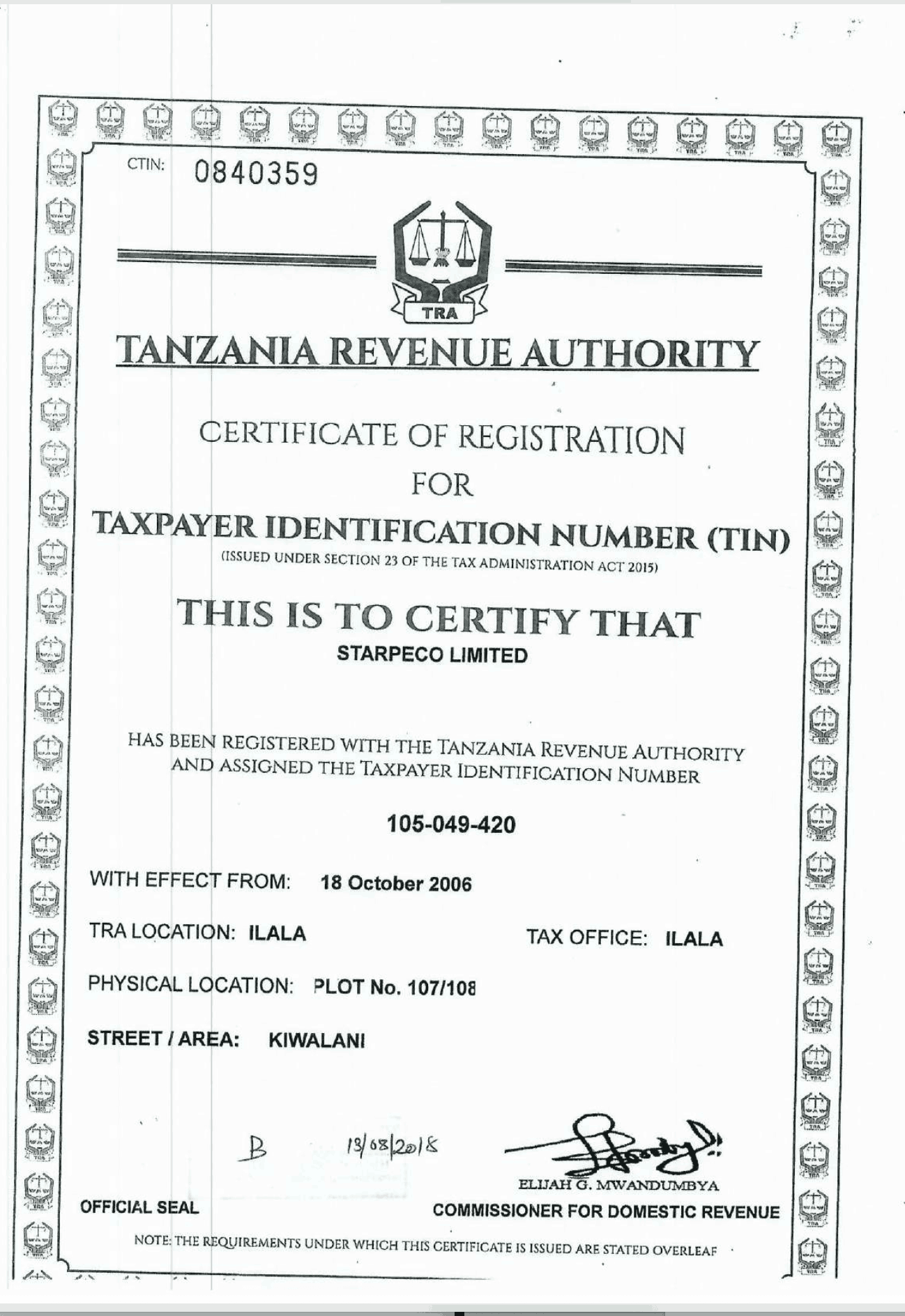 TRA Taxpayer Identification Number